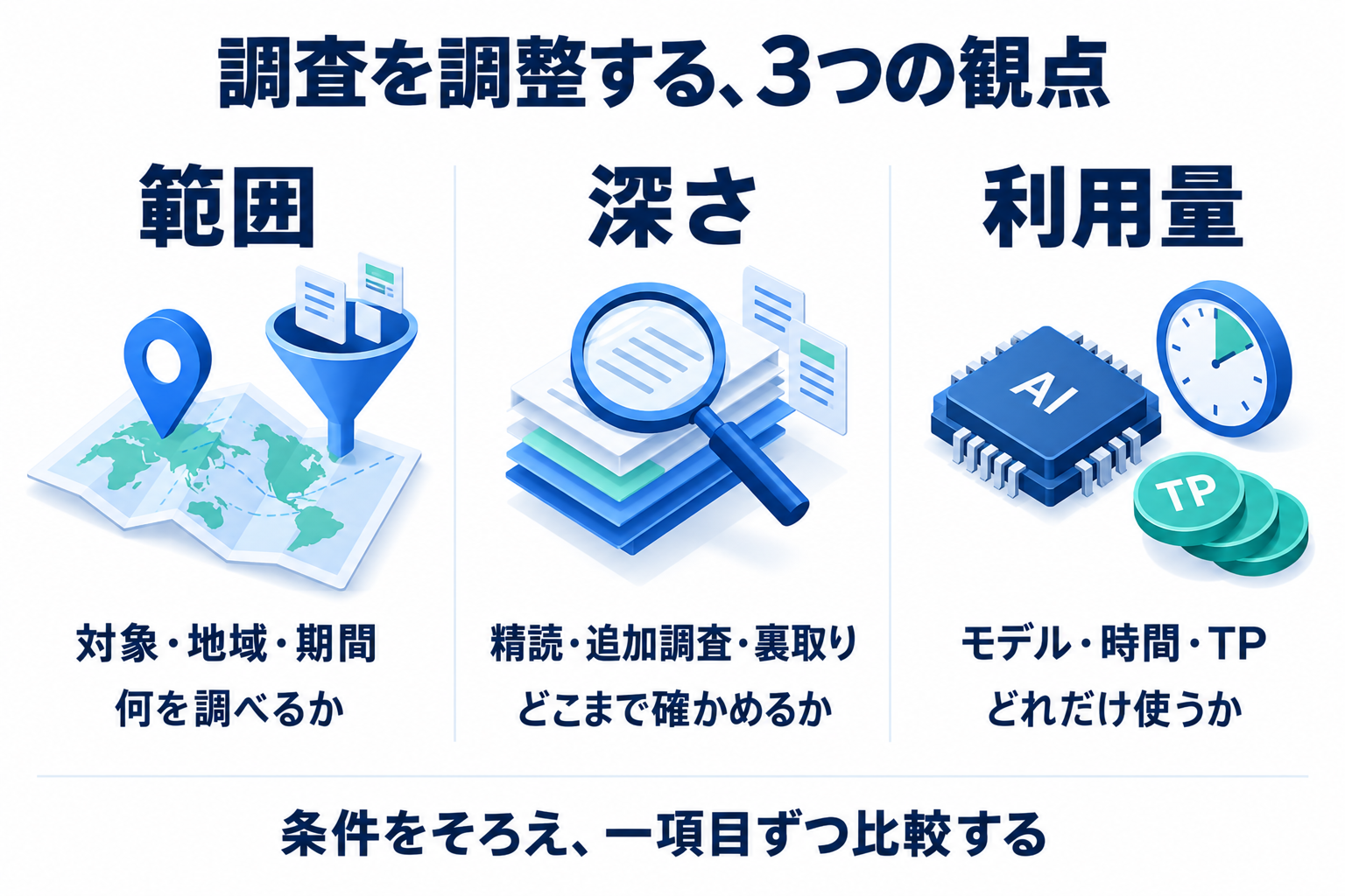 調査を調整する三つの観点。範囲は対象・地域・期間、深さは精読・追加調査・裏取り、利用量はモデル・時間・TPで考える。