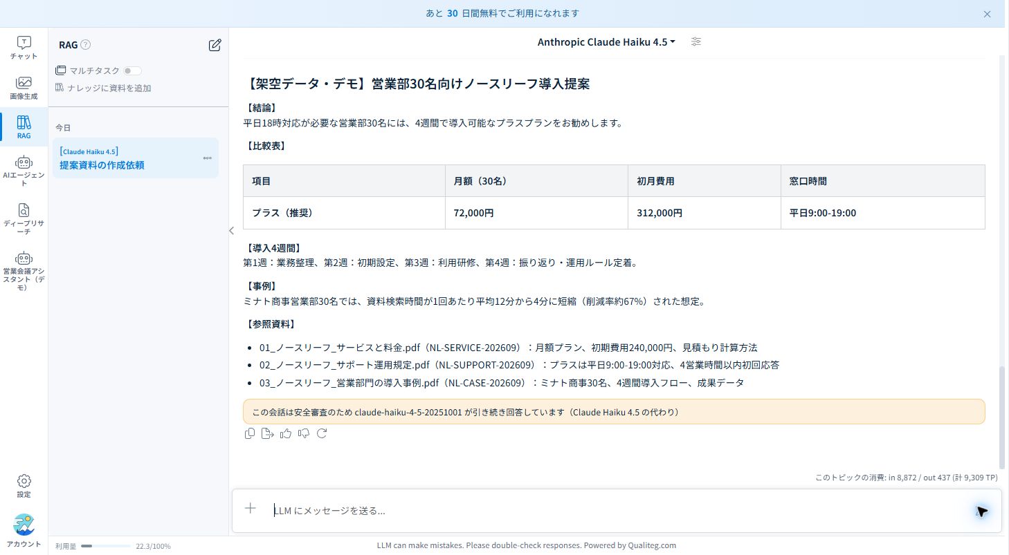料金・サポート・導入事例の3資料から作成した実際の回答。架空データのデモであり、Bestllamの料金や導入実績ではありません。