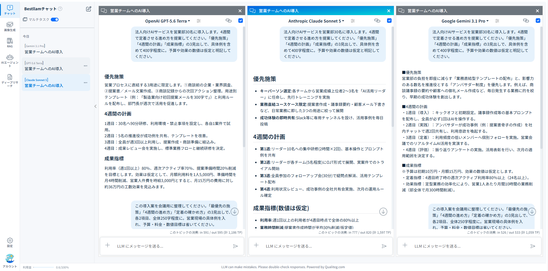 GPT-5.6 Terra・Claude Sonnet 5・Gemini 3.1 Proに同じ業務相談をした実画面。回答内の金額や効果は仮定であり、Bestllamの料金・導入実績ではありません。