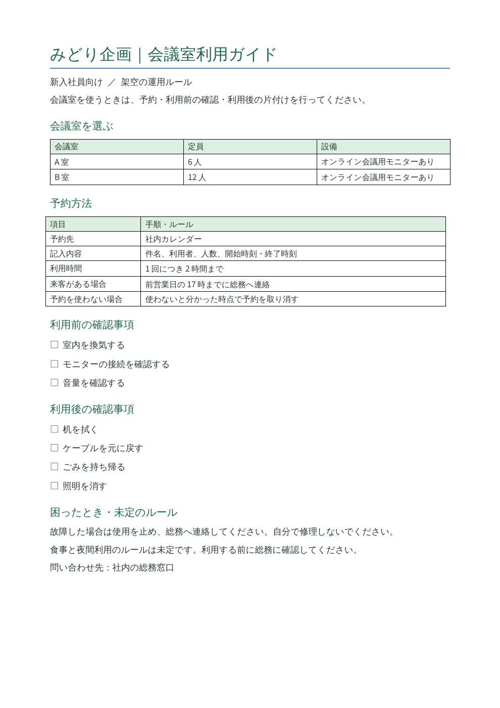 Bestllamが生成した1ページの会議室利用ガイド。部屋一覧、予約方法、利用前後の確認事項を掲載。