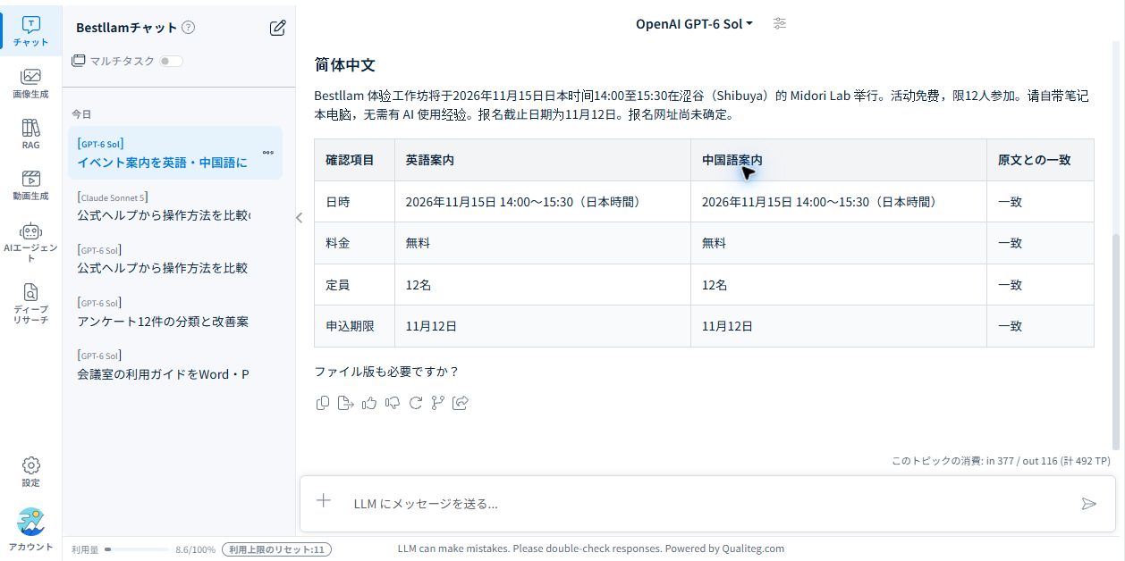 日時・料金・定員・申込期限を照合する表も同じ回答に含まれました。