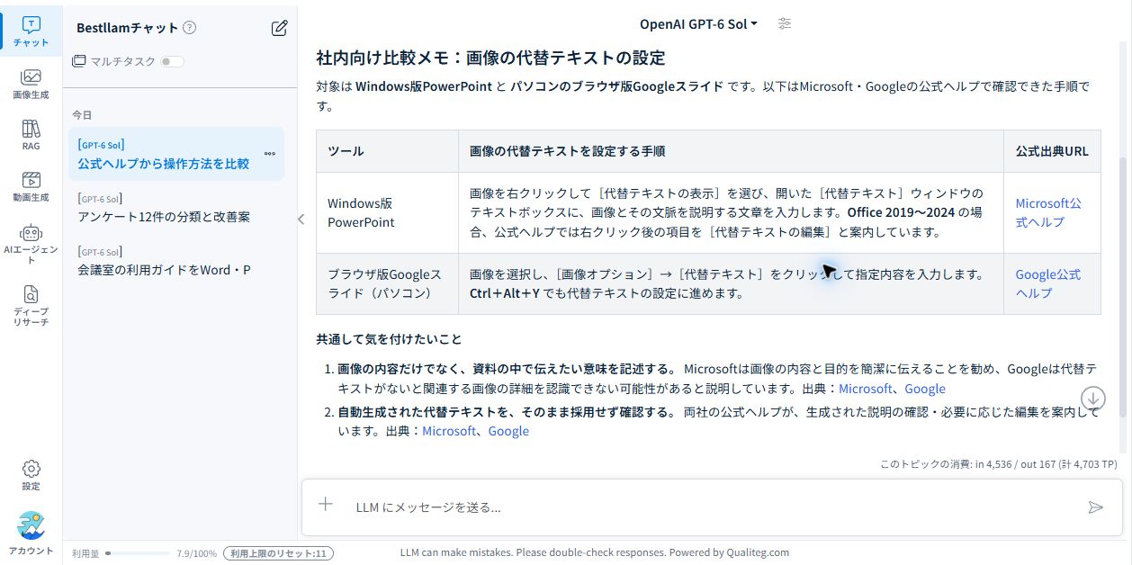 Bestllamが作成したPowerPointとGoogleスライドの比較表。各手順の横に公式ヘルプへのリンクが並ぶ。